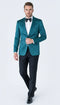 Teal blue paisley tuxedo jacket. Elegant shawl lapel and structured design. Smooth, reflective fabric with a textured pattern for a formal look.
