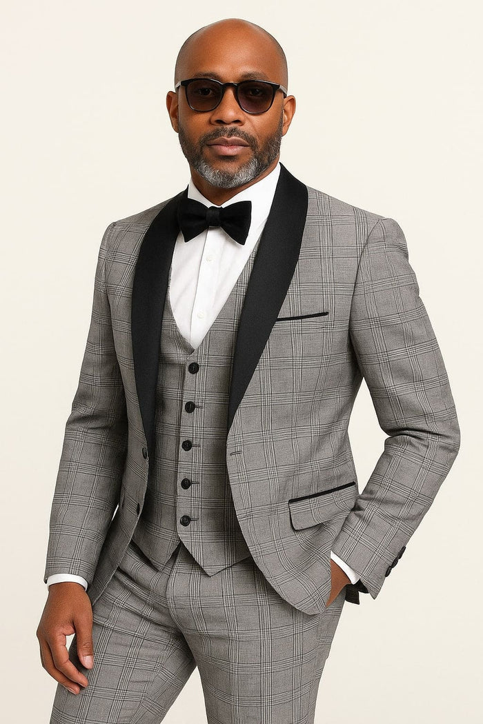 Men's Black and White Plaid Tuxedo â€“ 3 Piece Suit with Black Velvet Shawl Lapel - Gray Glein Tartan Pattern Wedding Suit