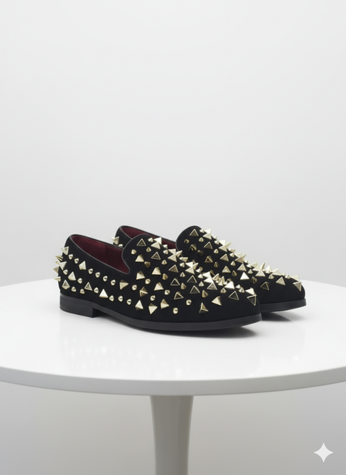 Men’s Studded Velvet Loafers – Designer Party and Prom Dress Shoes with Gold and Silver Spikes