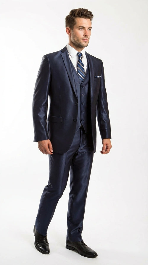 Men’s Navy Blue Sharkskin 3 Piece Suit – Two Button Vested Shiny Formal Suit for Wedding, Prom, Business and Party Wear