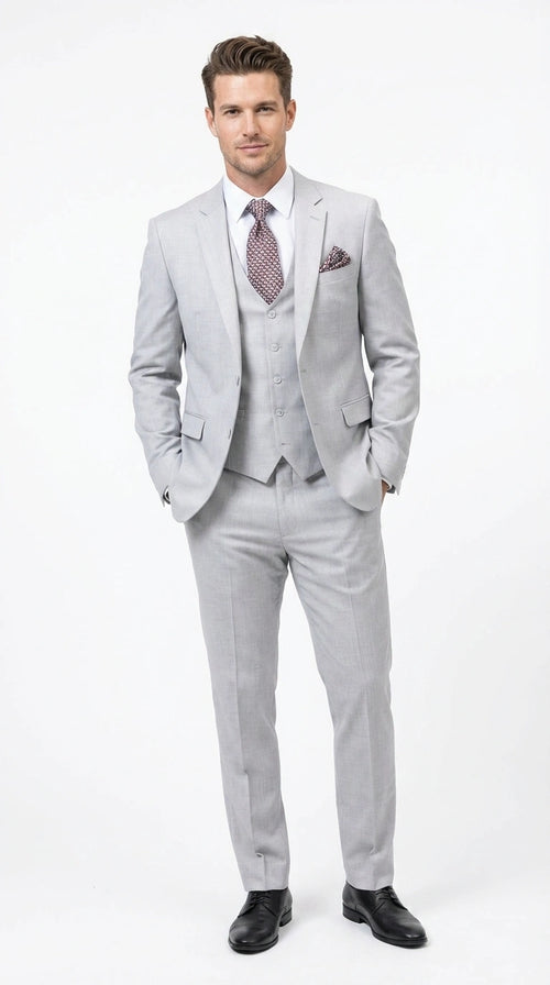 Men’s Light Grey Sharkskin 3 Piece Suit – Two Button Vested Modern Formal Business Suit for Wedding in silver Ice Gray