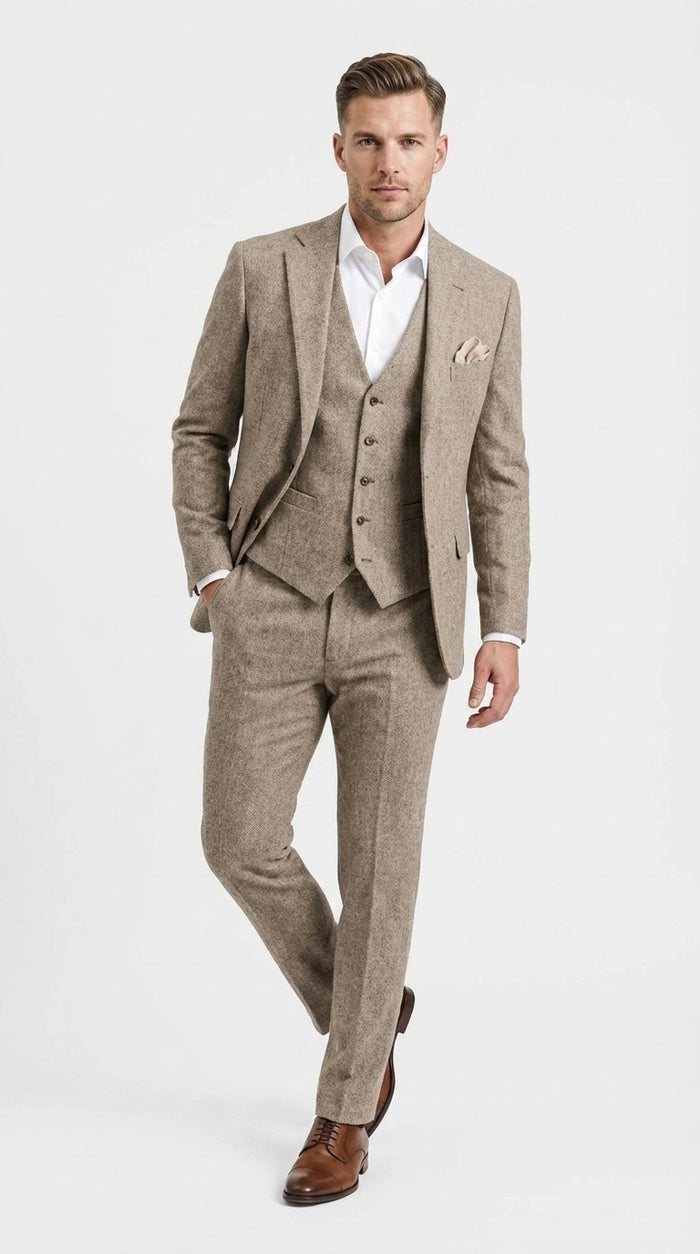 Men’s Light Beige Herringbone Tweed Suit with Vest – Classic Three Piece Formal Suit, Vintage Business Wedding Outfit, Elegant Smart Casual Wear