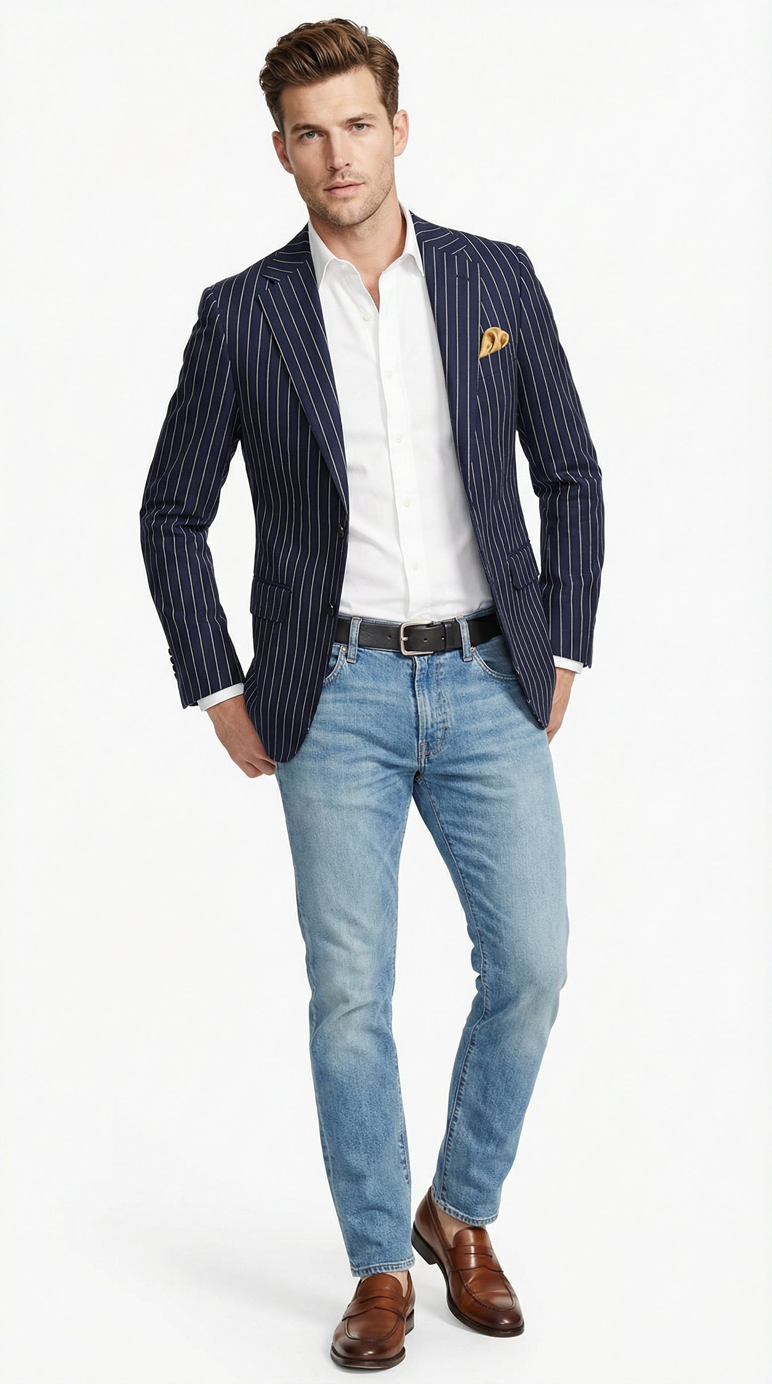 Mens Navy Blue Pinstripe Blazer – Classic Tailored Formal Jacket