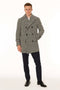 Men's houndstooth double-breasted overcoat. Black and white wool blend. Structured silhouette, broad lapel. Features houndstooth pattern, two front pockets, and six-button closure.
