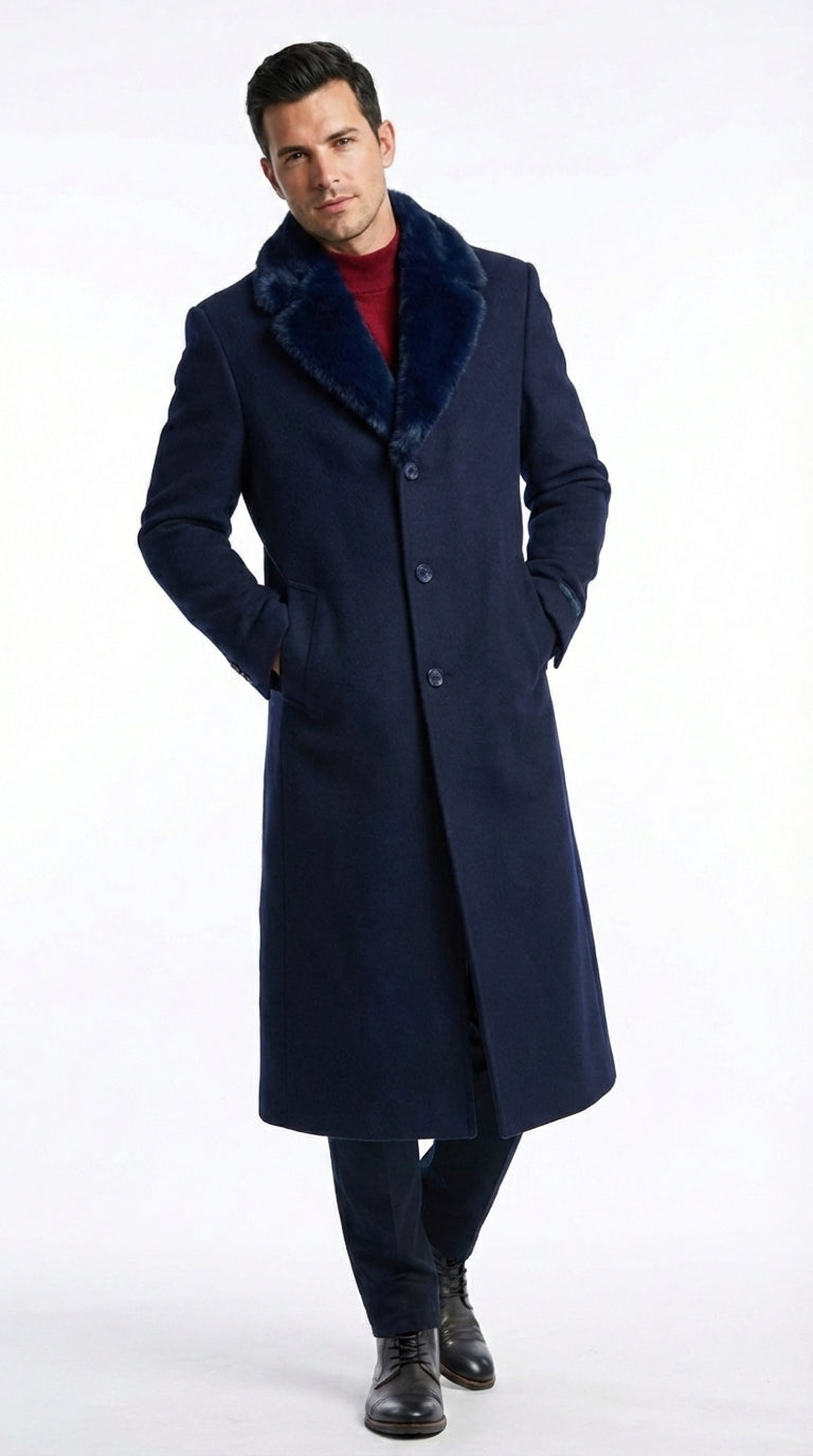 Menâ€™s Dark Navy Blue Long Overcoat with Faux Fur Collar, Classic Winter Dress Coat for Formal