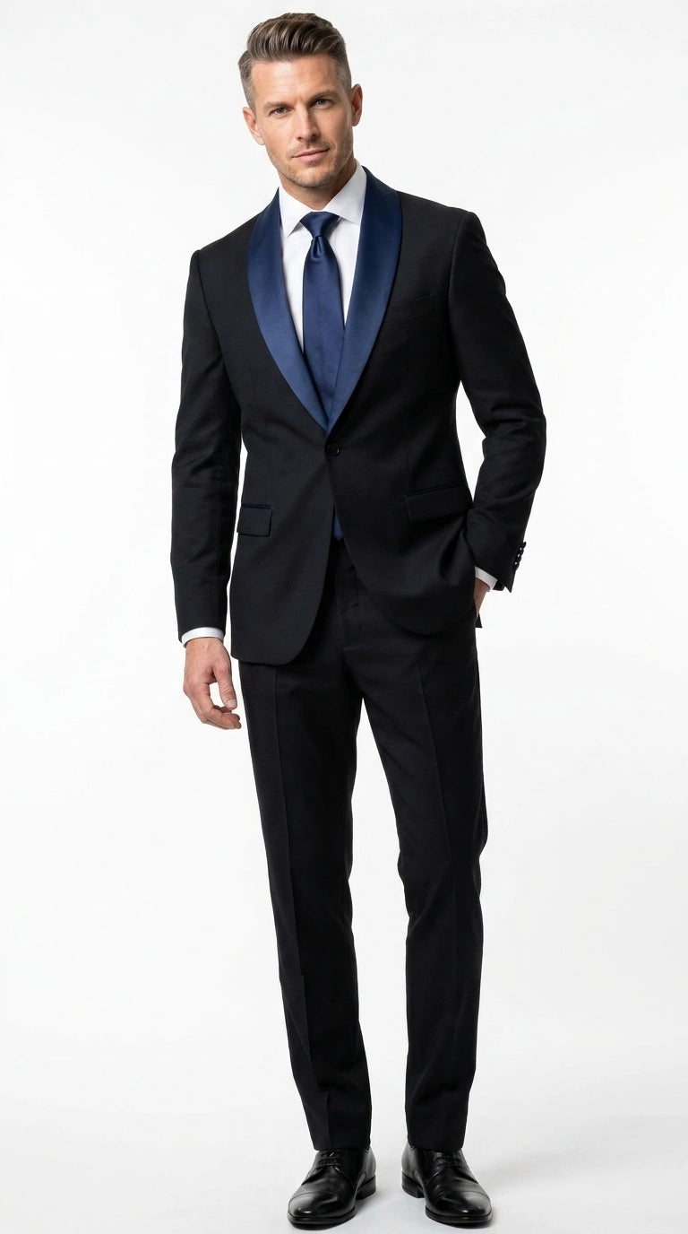 Men's Alberto Nardoni Black Suit with Navy Blue Lapel | Elegant Formal Tuxedo Style Suit for Wedding | Prom | Party and Evening Wear