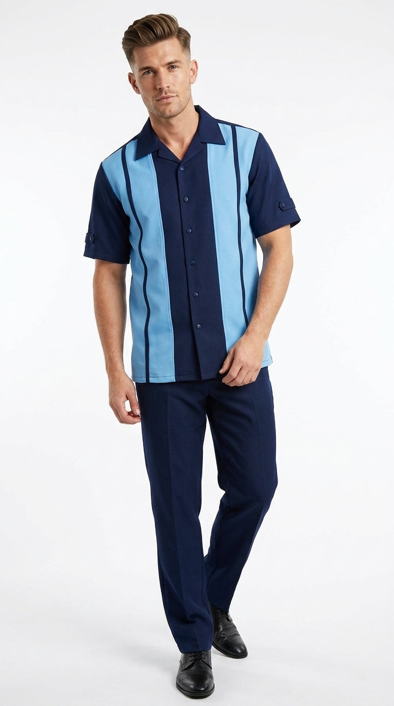Men’s Navy and Sky Blue Walking Suit – 2-Piece Short Sleeve Casual Leisure Outfit