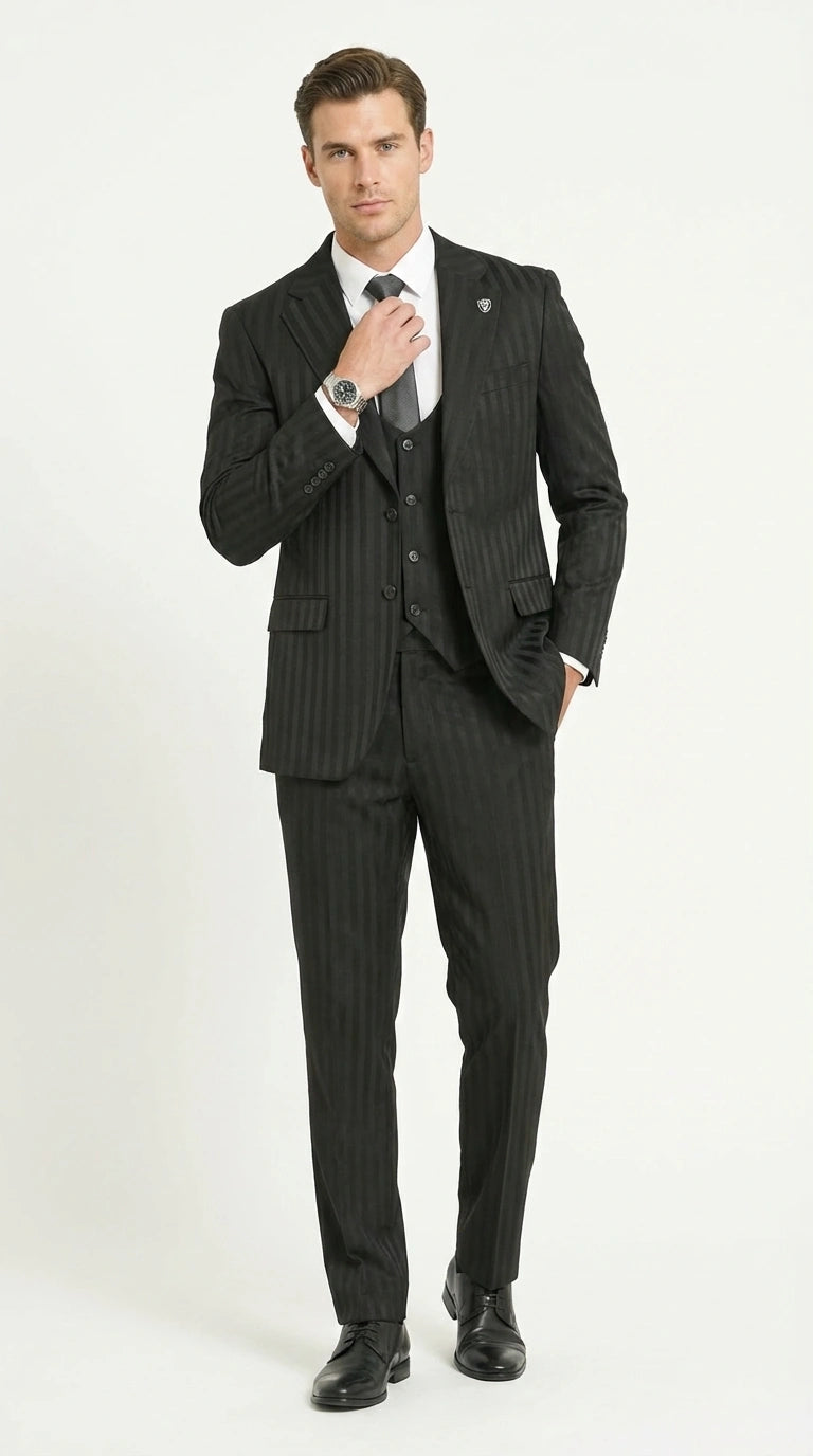 Men’s Black Pinstripe 3 Piece Suit – Vested Formal Business Suit for Wedding, Office, Prom and Party Wear