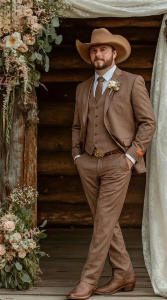 Men’s Light Brown Western 3 Piece Suit – Classic Country Style Blazer Vest Pants Set, Formal Cowboy Suit Toast