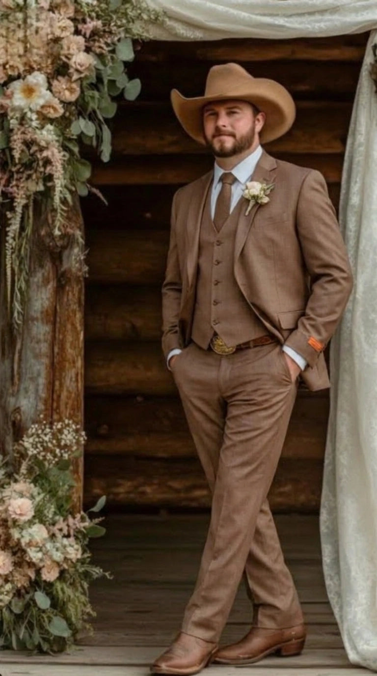 Men’s Light Brown Western 3 Piece Suit – Classic Country Style Blazer Vest Pants Set, Formal Cowboy Suit Toast