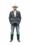 Men's gray Western blazer. Tailored fit, smooth fabric, single-breasted with notch lapels. Includes two front pockets. Worn over a button-up shirt.
