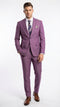 Mauve men's suit blazer and jacket. Fitted, single-breasted design. Two front pockets, button closure. Smooth fabric with subtle texture. Uniform light purple color.
