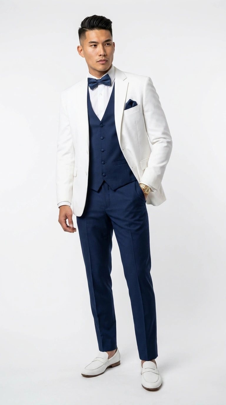 Men’s White and Navy blue tuxedo  3 Piece Suit – Classic White Blazer with Navy Vest and Pants for Wedding, Party + Bowtie