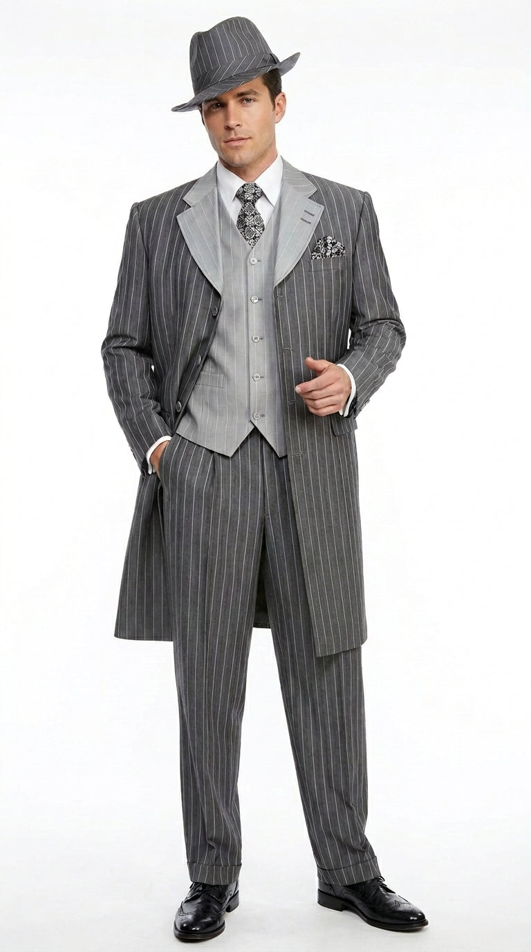 Men’s Grey Pinstripe Zoot Suit 3 Piece – 1920s Gangster Vintage Wide Lapel Suit with Vest for Wedding, Party