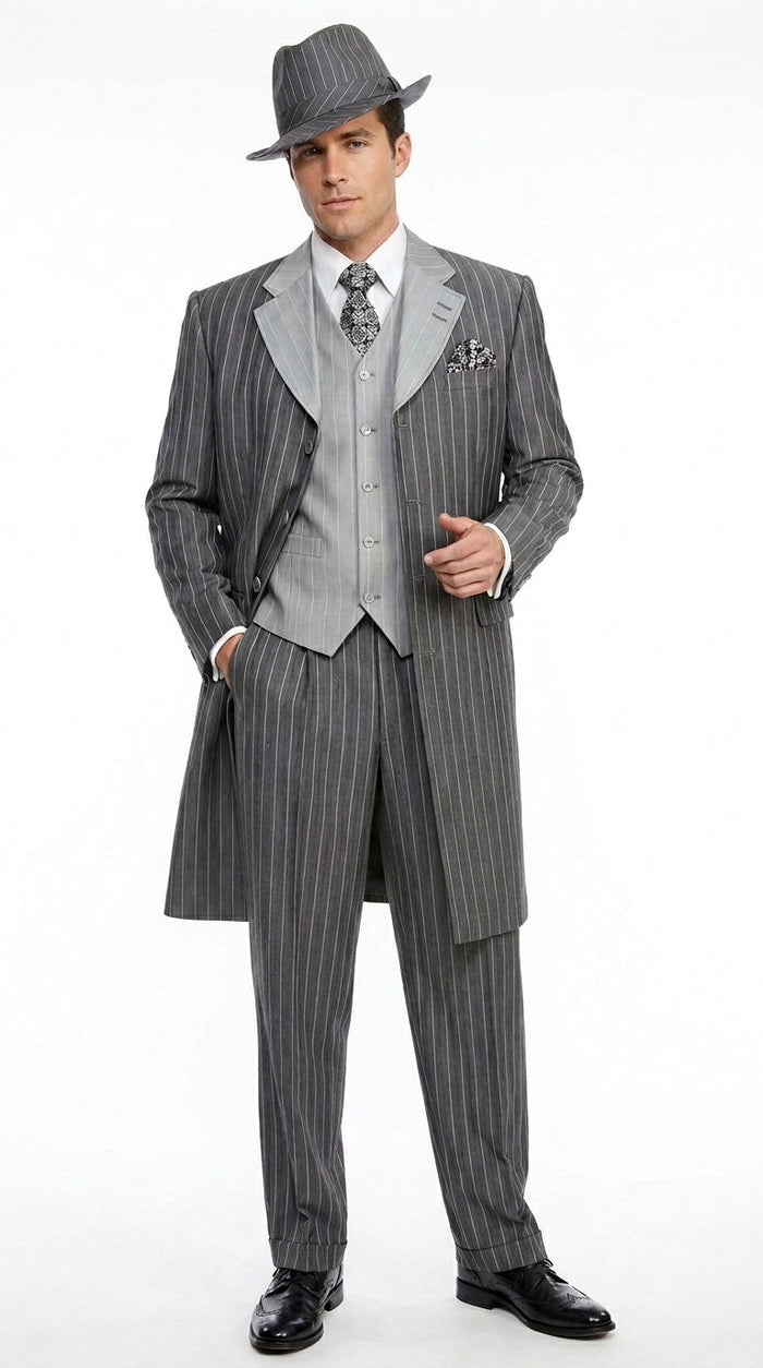 Men’s Grey Pinstripe Zoot Suit 3 Piece – 1920s Gangster Vintage Wide Lapel Suit with Vest for Wedding, Party