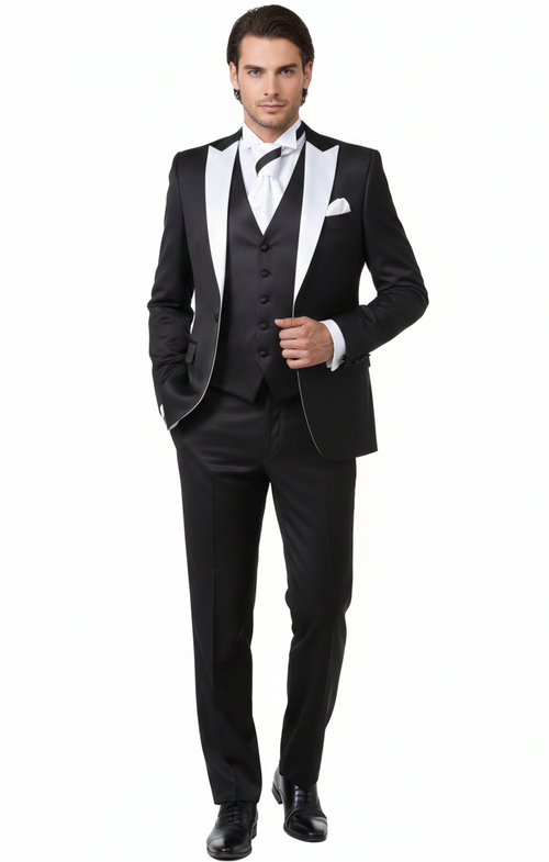 Classic men's prom tuxedo: black jacket with white satin lapels, black vest, and trousers. Includes white shirt, tie, and pocket square. Features a smooth, fitted silhouette.
