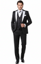 Classic men's prom tuxedo: black jacket with white satin lapels, black vest, and trousers. Includes white shirt, tie, and pocket square. Features a smooth, fitted silhouette.
