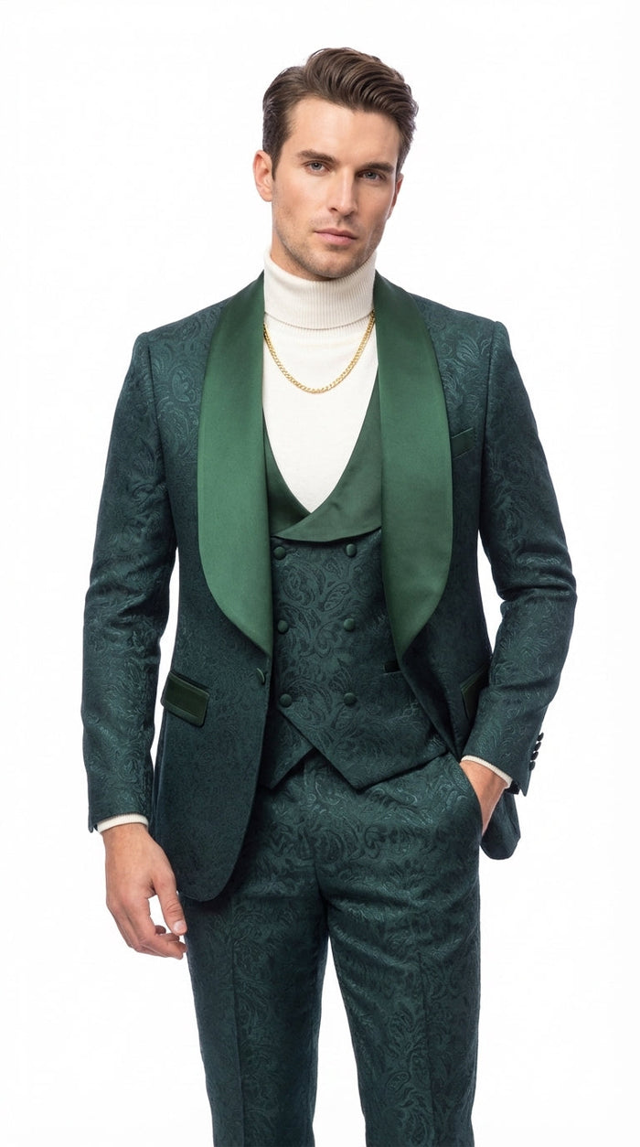 Mens Hunter Green Wedding Tuxedo Suit – Paisley Pattern Three Piece Formal Suit Set with Shawl Lapel for Groom, Prom in Emerald green