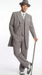 Men's gray zoot suit: long jacket, wide lapels, high-waisted trousers. Includes matching fedora. Styled with two-tone gray & white 1920s shoes.