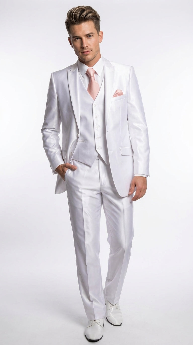 Men’s Shiny White Sateen 3 Piece Suit – Wedding Prom Formal Suit with Vest