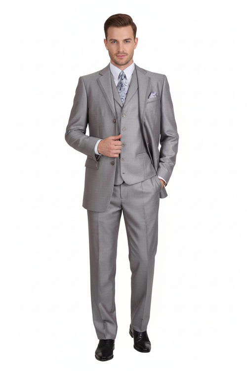 Men's light gray modern fit three-piece suit (jacket, vest, trousers). Smooth fabric with subtle check pattern. Includes a white shirt and patterned tie. Tailored jacket, notched lapels.
