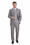Men's light gray modern fit three-piece suit (jacket, vest, trousers). Smooth fabric with subtle check pattern. Includes a white shirt and patterned tie. Tailored jacket, notched lapels.
