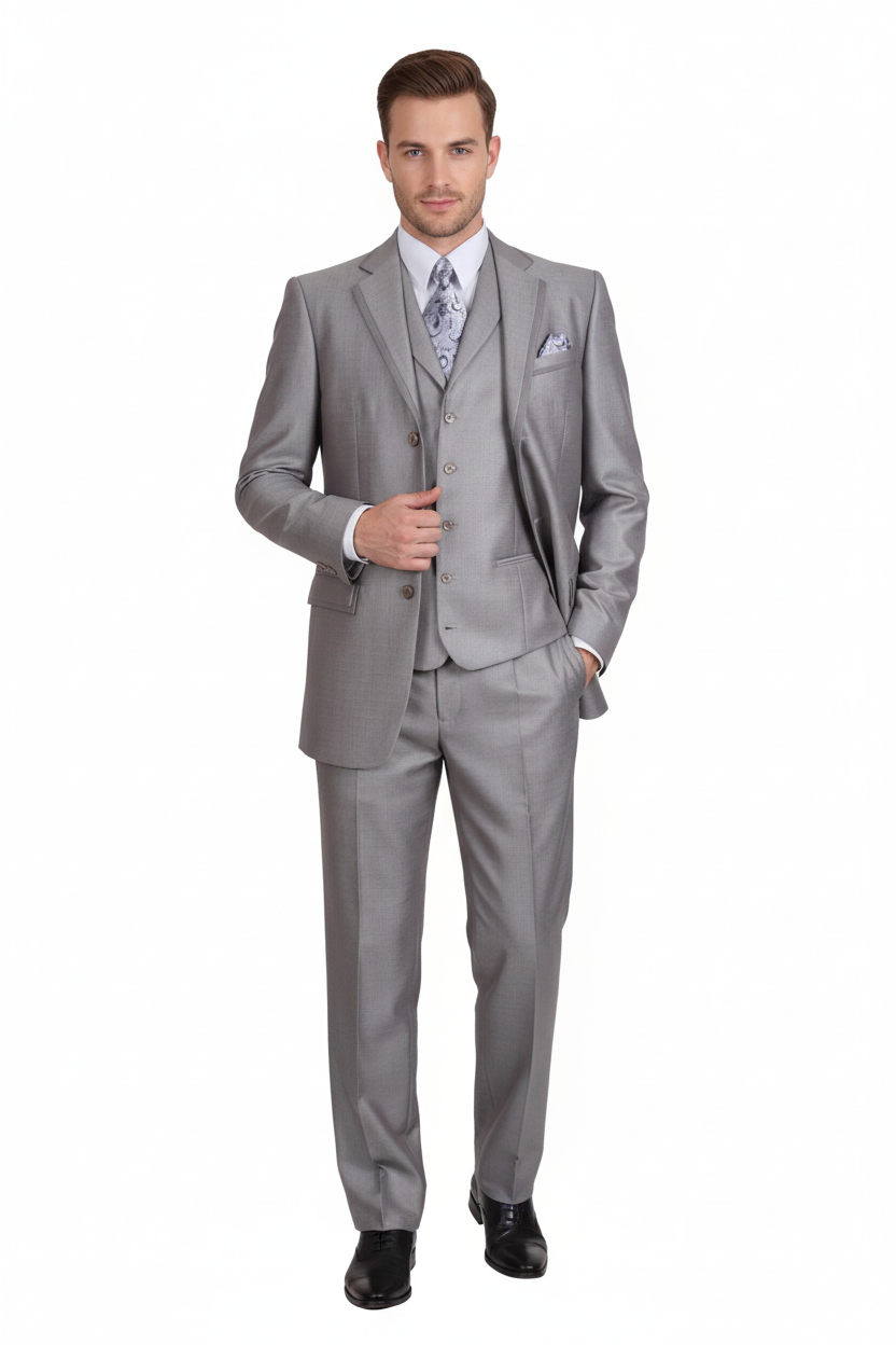 Men’s Light Gray 3-Piece Modern Fit Suit with Vest – Classic Formal Business and Wedding Attire