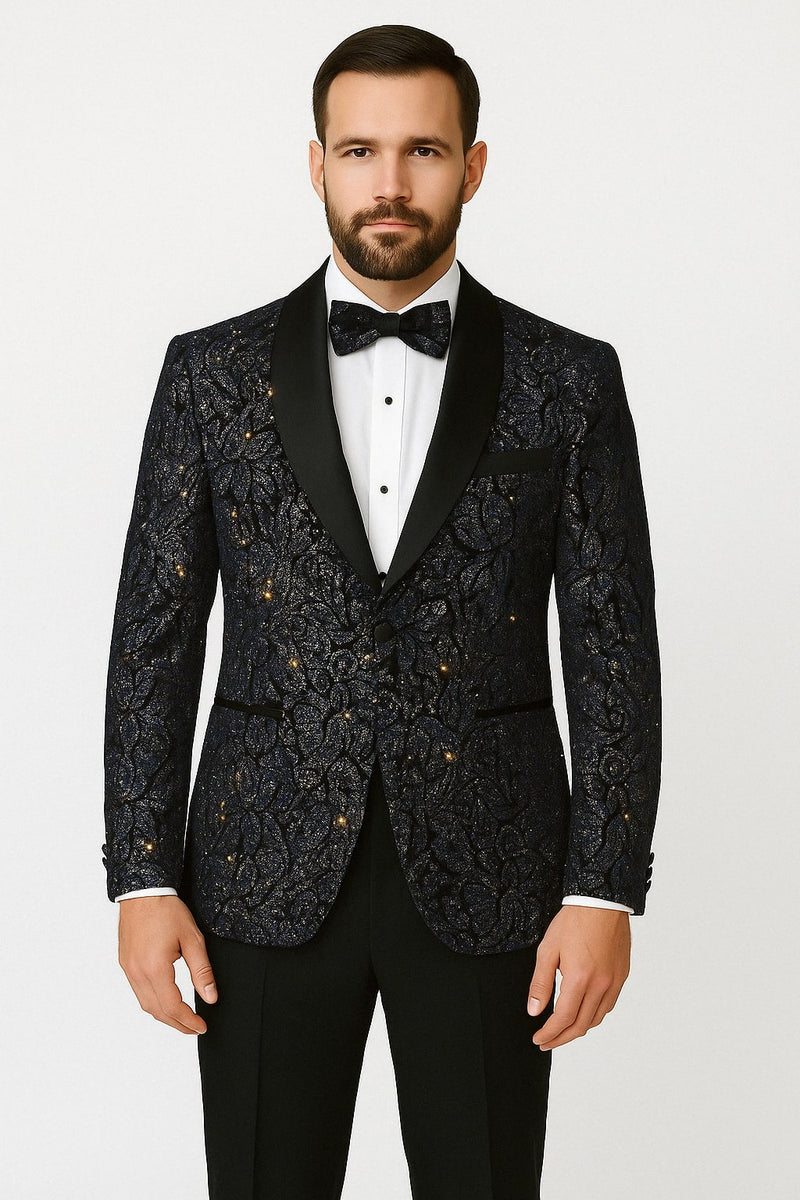 Men's navy black glitter floral tuxedo jacket. Satin lapel, sequin fabric. Floral pattern with blue and gold glitter. Perfect for dinner.
