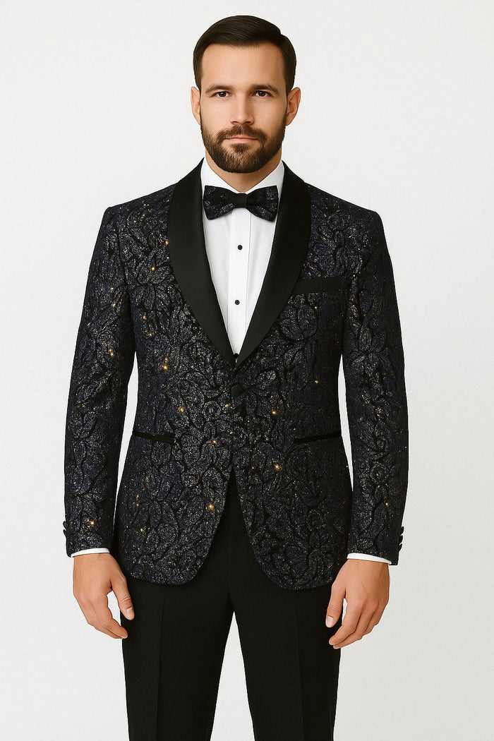 Men's navy black glitter floral tuxedo jacket. Satin lapel, sequin fabric. Floral pattern with blue and gold glitter. Perfect for dinner.
