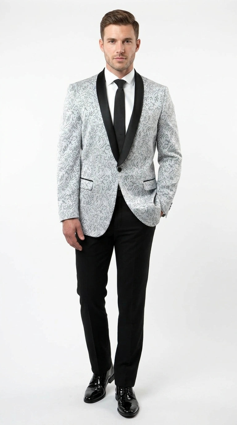Men’s Silver and Black Floral Blazer – Elegant Formal Tuxedo Style Blazer Jacket for Wedding, Party, Prom and Evening Wear