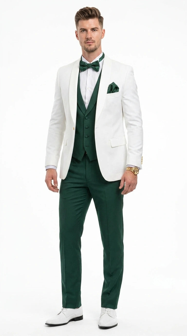 Men’s White and Hunter Green 3 Piece Suit – Elegant Formal Suit with Vest, Wedding Tuxedo Suit for Prom and Party Wear