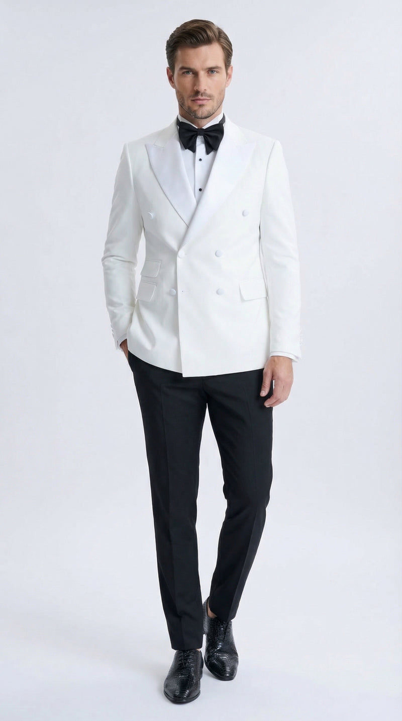 Mens White Double Breasted Dinner Jacket with Black Pants – Formal Tuxedo Set