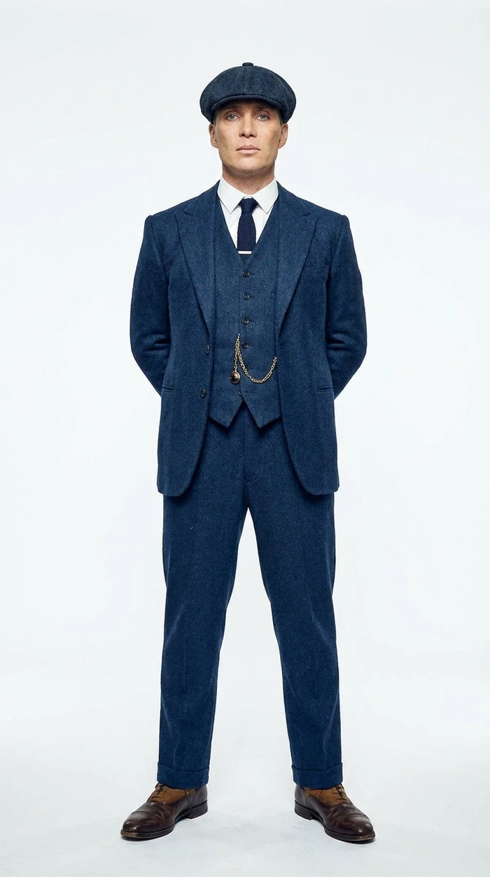 Men’s Blue 3 Piece Suit, Thomas Shelby Inspired Vintage Formal Suit Herringbone Tweed 1920s fabric