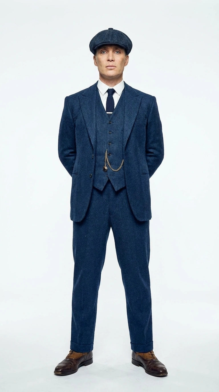 Men’s Blue 3 Piece Suit, Thomas Shelby Inspired Vintage Formal Suit Herringbone Tweed 1920s fabric