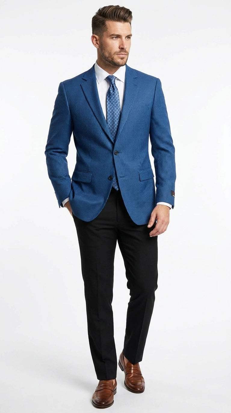 Men’s Blue Houndstooth Blazer Jacket, Check Pattern Formal Sport Coat for Weddings, Prom, Parties, and Special Occasions