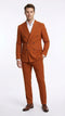 The vitali brand men’s burnt orange double-breasted suit features a tailored jacket with two rows of buttons, wide lapels, and structured shoulders. The pants are slim-fitting, matching in burnt orange color.