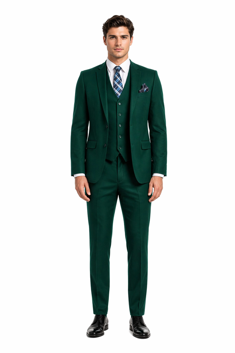 Mens Forest Green 3 Piece 2 Button Slim Fit Suit