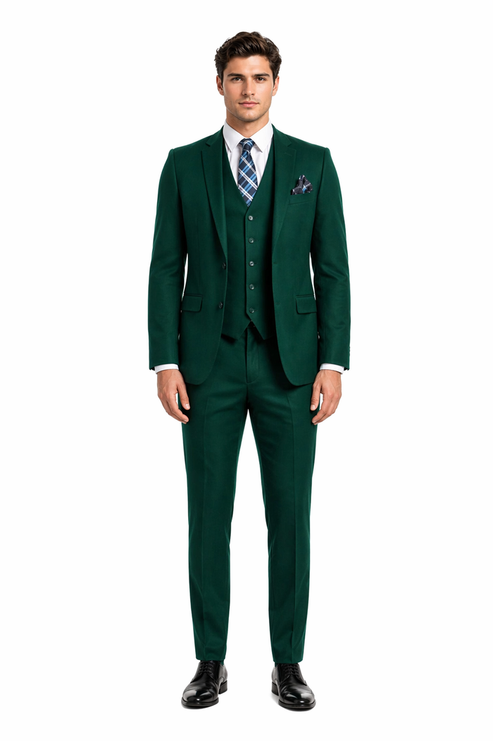 Mens Forest Green 3 Piece 2 Button Slim Fit Suit