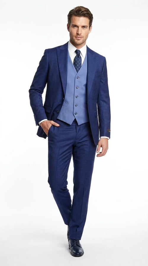 Vitalli Men’s Navy Blue 3 Piece Suit with Light Blue Vest, Textured Formal Dress Suit for Weddings, Prom, Business Events, and Parties