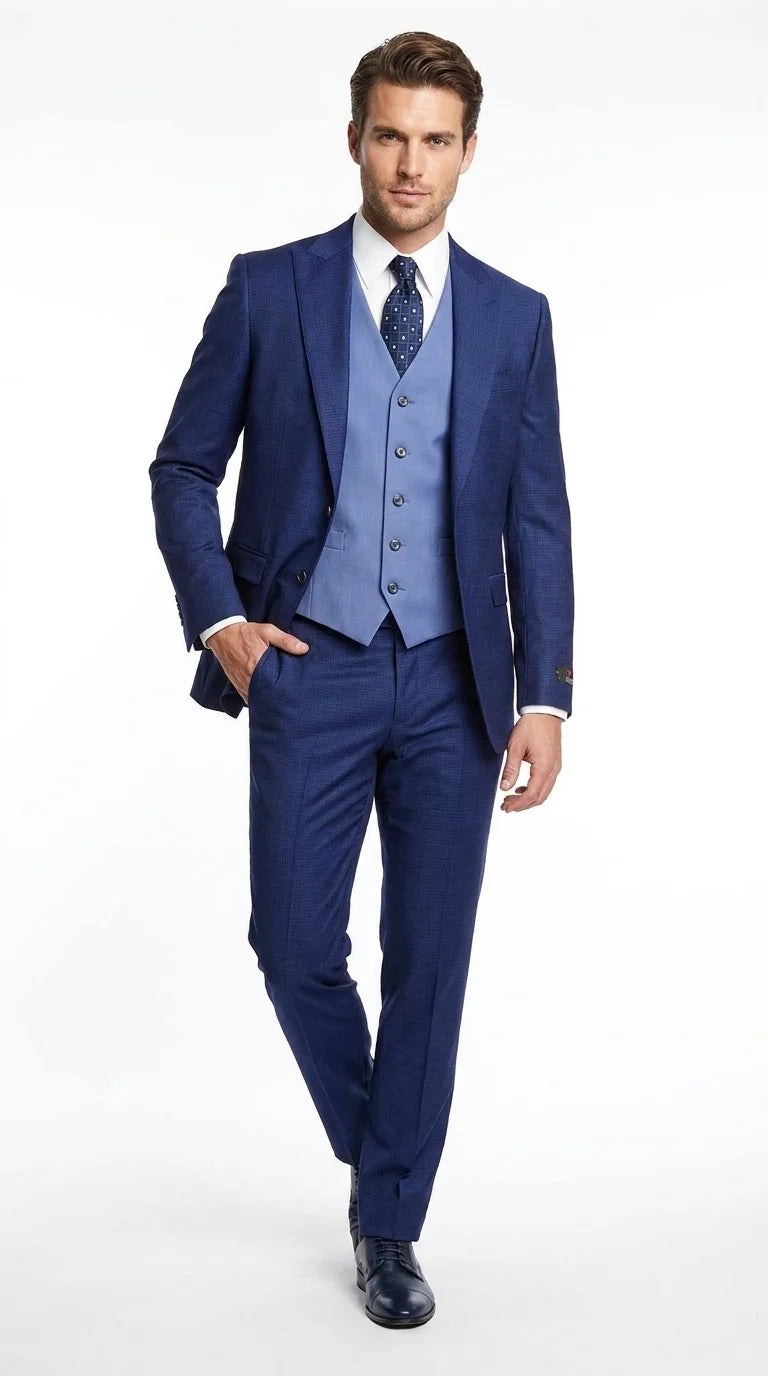 Vitalli Men’s Navy Blue 3 Piece Suit with Light Blue Vest, Textured Formal Dress Suit for Weddings, Prom, Business Events, and Parties