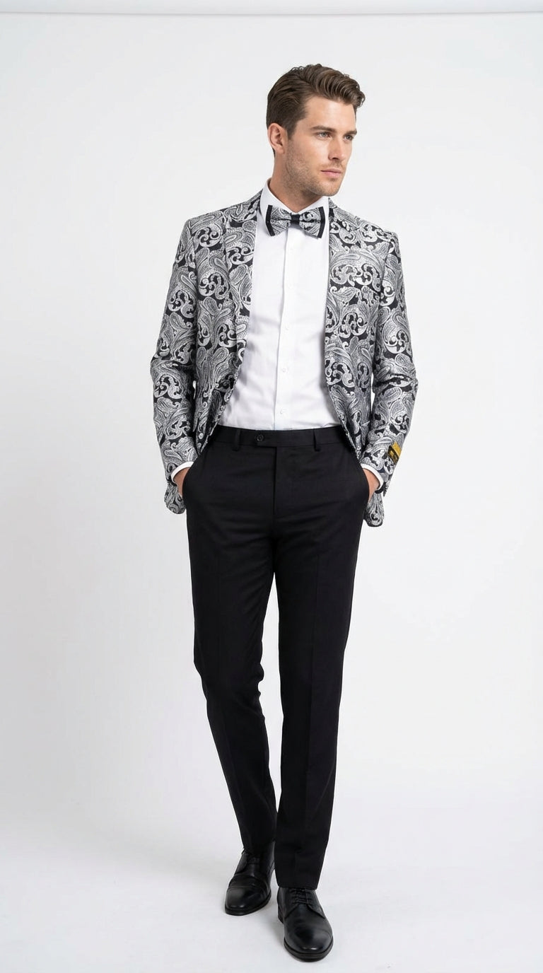 Mens Silver and Black Paisley Prom Blazer Jacket | Printed Formal Evening Tuxedo Blazer + Free Matching Bow Tie