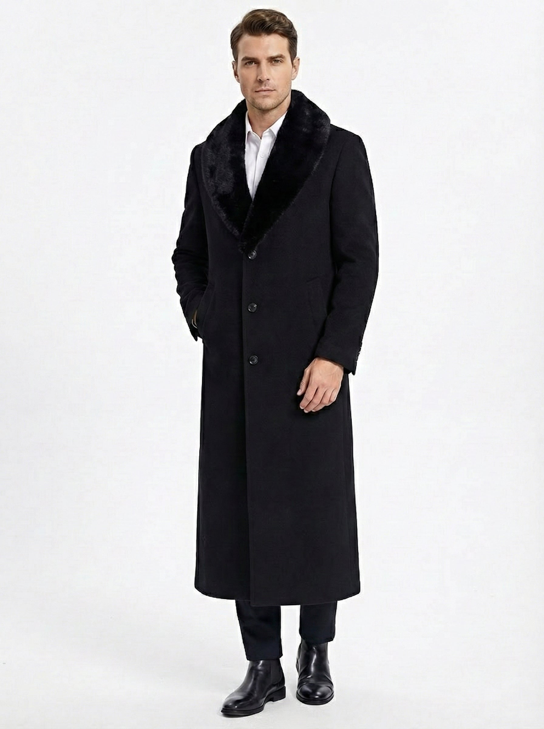 Menâ€™s Black Long Overcoat with Faux Fur Collar, Full Length Winter Topcoat for Formal and Business Wear