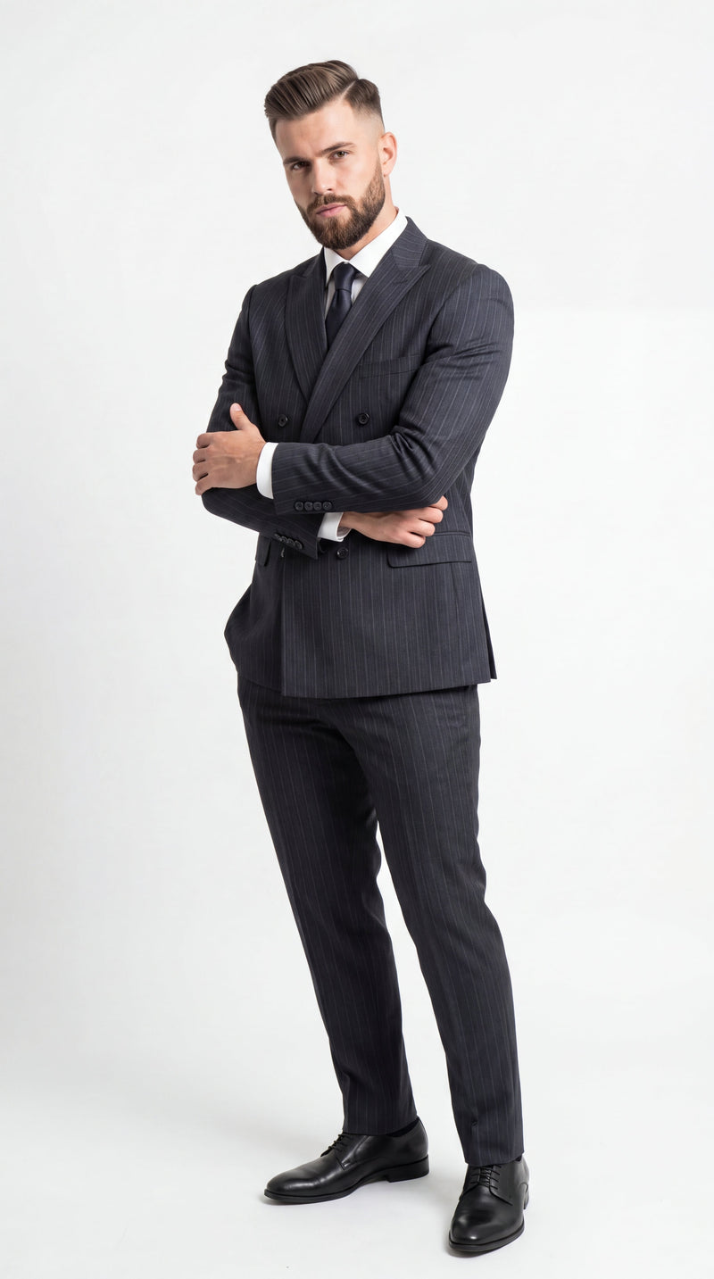 Men’s Black Pinstripe Double Breasted Suit – Classic Formal Business Suit Office and Evening Wear Modern Fit Conservative pattern