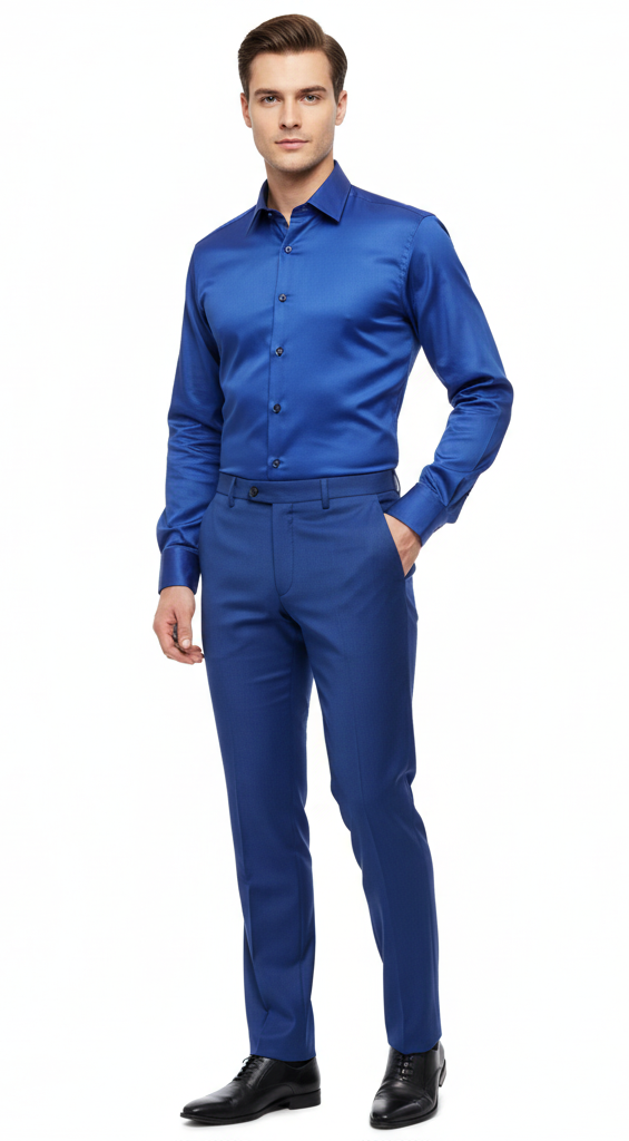 Royal blue satin men's dress shirt. Long sleeves, point collar, and button-down front. Smooth, sleek texture for a formal, polished look.

