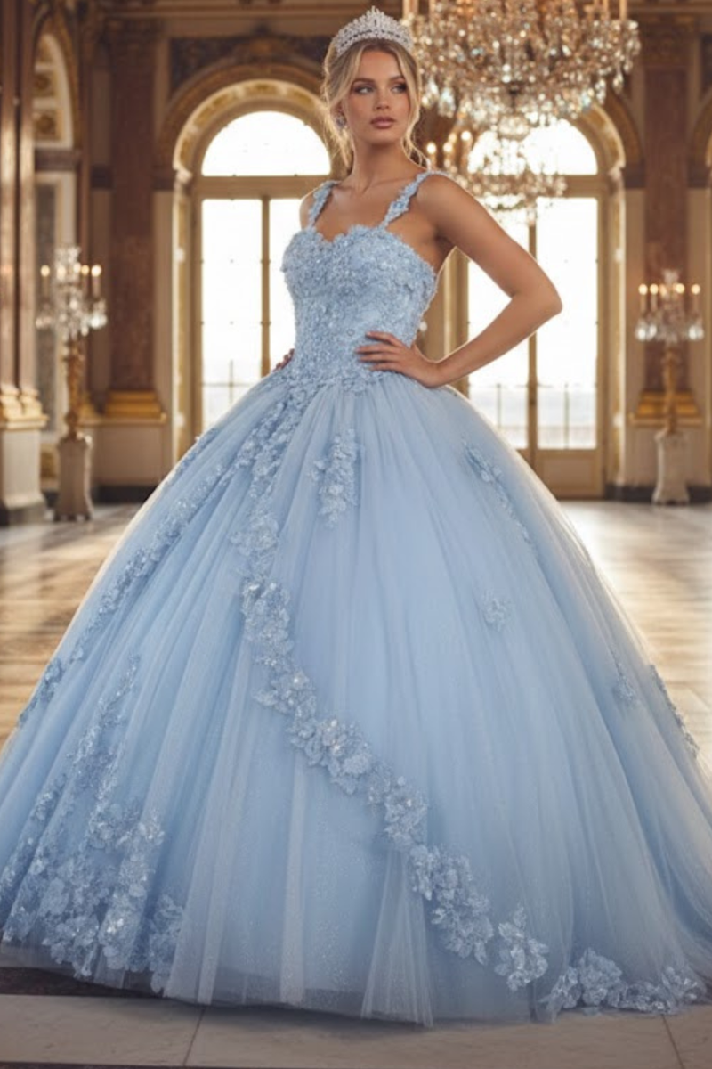 Sleeveless Glitter Floral Ball Quinceanera Gown