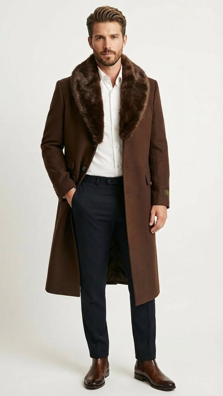Men's brown long overcoat with dark faux fur collar, single-breasted, two buttons. Tailored silhouette, knee-length, straight cut, textured material. Paired with dark trousers.
