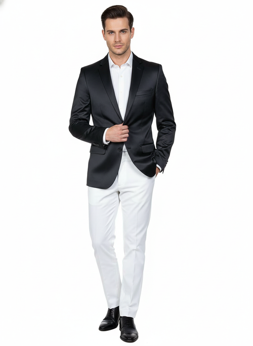 Men's black satin blazer. Slim fit, two-button closure, single-breasted. Smooth, shiny fabric for a classic look.
