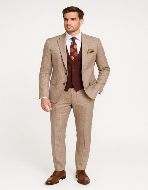 Men's Light Brown Plaid Suit with Burgundy Vest and Colorful Floral Tie â€“ 3 Piece Set - Taupe Windowpane Pattern