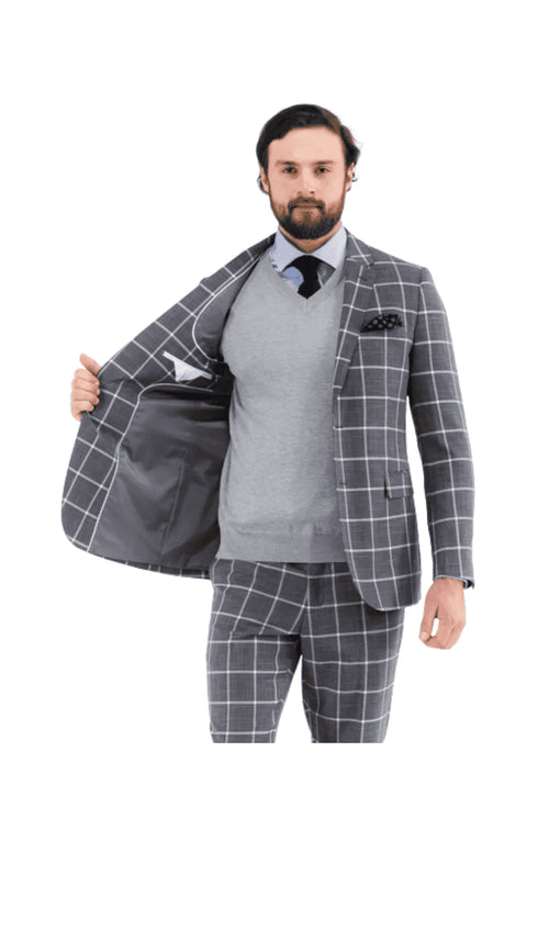 Mens Vested Gangster Plaid Pattern 1920's Plaid Suit in Grey