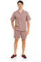 Men's burgundy seersucker short set: short-sleeve button-up shirt and shorts. Striped pattern with light/dark tones. Relaxed shorts fit just above the knee. Lightweight, textured seersucker material.

